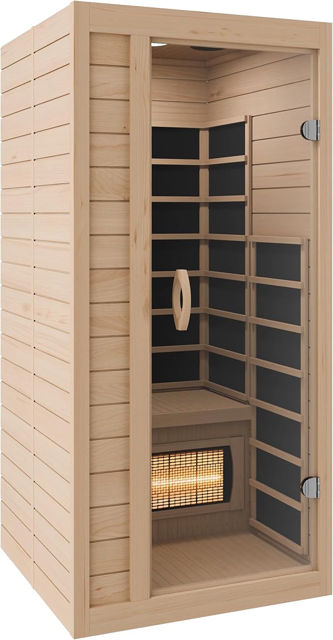 SteamSpa Home Sauna Room 1 Person Hemlock Wooden Indoor Sauna Spa - Bluetooth Speaker, FM, Oxygen bar, Heating Plate, Three Colors Lanterns, Touch Control Panel Temperature