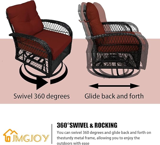 Patio Furniture Set Swivel Rocker, Outdoor Patio Chairs, 3 Piece Suit Porch Furniture Rocking Set, Backyard Rocker Rattan Chair, with Thickened Cushions and Glass Coffee Table(Wine Red)