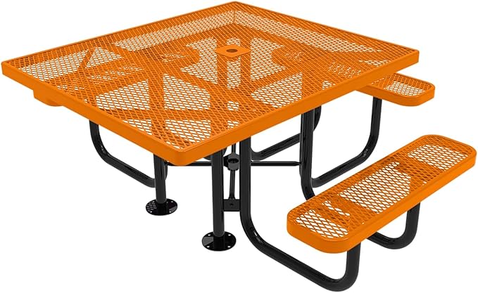 COATEDOUTDOORFURNITURE Heavy-Duty Portable ADA-Compliant Outdoor Picnic Table with Umbrella Hole, Expanded Metal Patio Dining Furniture Made in America (46" Square Top, Orange)
