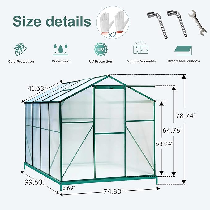 6x8 FT Greenhouses for Outdoor,Heavy Duty Polycarbonate Greenhouse, Walk-in Garden Green House with Base and Ventilation Window for Outside, Backyard,Green