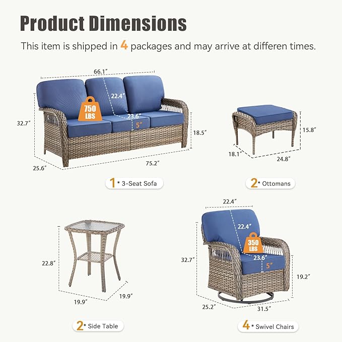 9 Pieces Patio Furniture Set Outdoor Sectional Sofa Couch with Rocking Swivel Chairs 5" Deep Seat Chairs, Modern Wicker Rattan Conversation Set, Blue/Gray Wicker