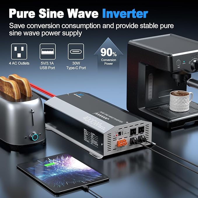 48V 4000 Watt Pure Sine Wave Inverter 48V DC to 110V 120V AC Converter,8000W Peak Power Inverter with 4 AC Outlets,USB Port,Type-C,Remote Control LCD Display for Truck,RV,Vehicles,Solar Off-Grid