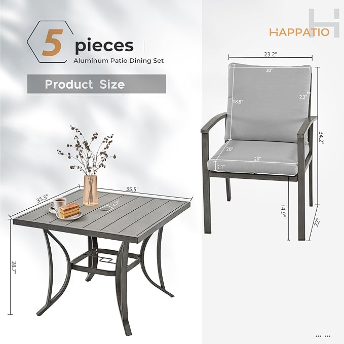 HAPPATIO 5-Piece Patio Outdoor Dining Set - All Aluminum Outdoor Patio Table and Chairs Set for 4 Includes 1 Square Dining Table and 4 Dining Chairs, Patio Outdoor Dining Set for Lawn or Garden