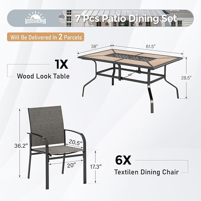 7 Pcs Patio Dining Set for 6, Metal Rectangular Dining Table (PVC Table Top) with Umbrella Hole and 6 Chairs, Outdoor Dining Set for Lawn Garden Deck, Brown