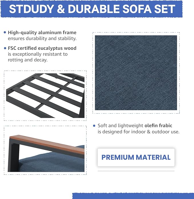 Soleil Jardin Aluminum Patio Furniture Armchair Set of 2, Outdoor Patio Chair with FSC Certified Solid Wood Top, Outdoor Conversation Set Deep Seating Single Chair w/Removable Cushion, Denim Blue