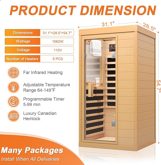 Upgraded Backrest 1 Person Sauna Infrared Sauna with Red Light Therapy, Dry Sauna Indoor Wood Sauna for Home, Hemlock Low EMF Far Infrared Sauna with Integrated Speakers, Reading Lamp