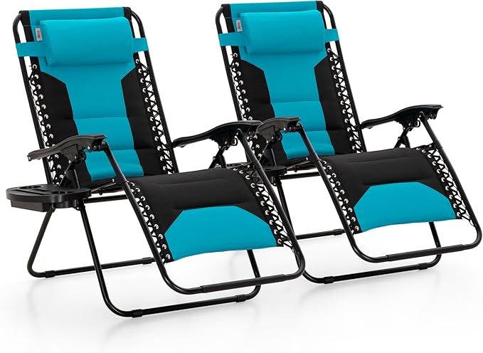 MAISON ARTS Oversized Padded Zero Gravity Chairs Set of 2, Folding Patio Lounge Chair, 28" Wide Seat Anti Gravity Recliners for Outdoor Lawn Camping Poolside Yard, Support 400lbs, Aqua