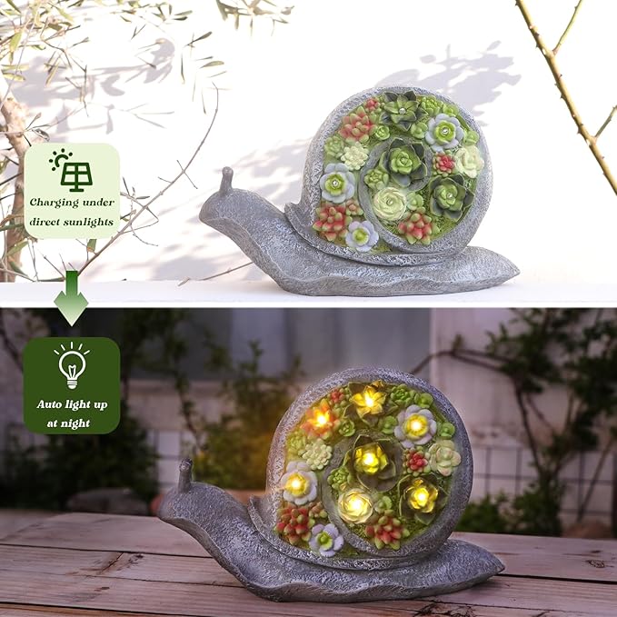 Solar Garden Statues Snails Figurine with Succulent and LED Lights - Garden Snails Statues Decorations for Yard, Outside, Patio, Balcony - Gardening Housewarming Birthday Gifts