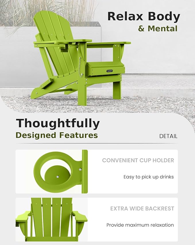 MUCHENGHY Folding Adirondack Chairs, Patio Chairs, Lawn Chairs, Outdoor Chair, Adirondack Chair Plastic, Fire Pit, Weather Resistant with Cup Holder for Deck, Backyard, Garden(Lemon Green)