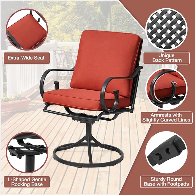 MELLCOM Patio Swivel Chairs Set of 4, Heavy Duty Outdoor Dining Chairs with Thickened Cushions, Metal Patio Chairs Gentle Rocker for Outside, Backyard, Red