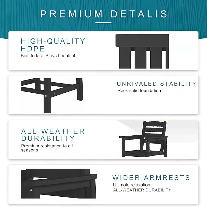 7 Piece Patio Dining Set with 11ft Patio Umbrella (Navy), 7 Black Outdoor HDPE Dining Set with 6 Chairs + 1 Large Table with 2" Umbrella Hole, for Market, Pool, Garden, Backyard, Deck