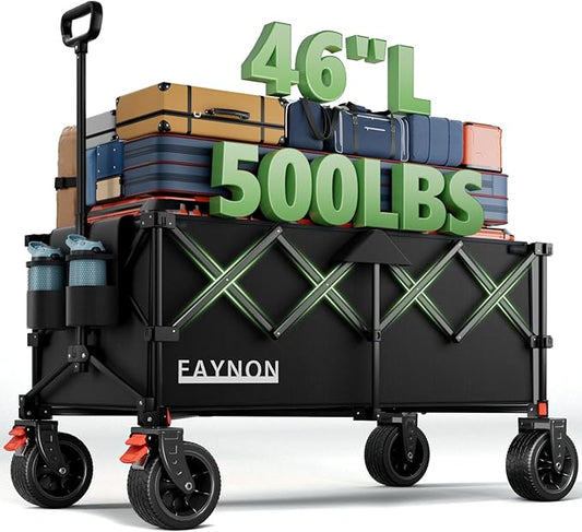 46" L Collapsible Foldable Extended Wagon, 500LB Weight Capacity with 280L Heavy Duty Folding Cart,Utility Wagon with All-Terrain Beach Wheel & Drink Holders,Black