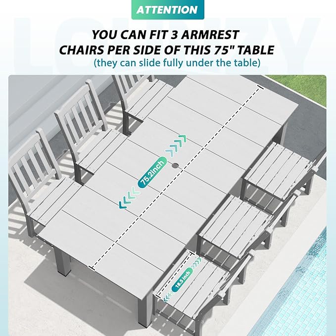 LOUNZY 9 Pieces Patio Dining Sets, Outdoor HDPE Furniture Set for 8 w/ 2" Hole Cut-Out Dining Table 75.2in with 8 Patio Chairs(2 W/Armrest, 6 w/o Armrest), White