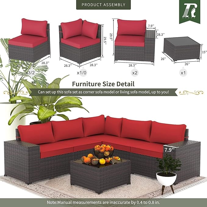 10 Pieces Outdoor Patio Furniture Set Outdoor Furniture Patio Sectional Sofa Conversation Sets w/ETL Approved 45" Gas Outdoor Fire Table & Coffee Table, Swivel Rocking Chair (Red)