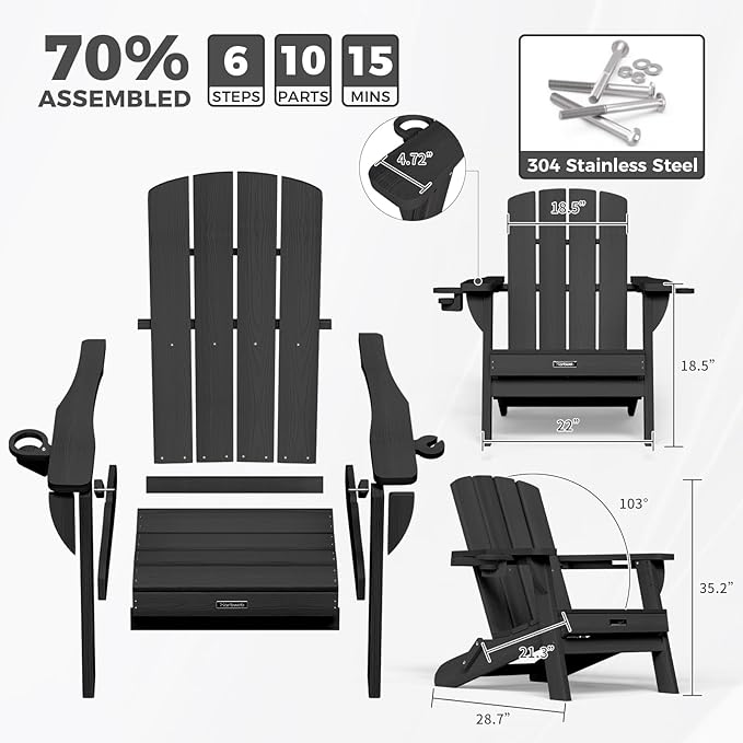 Folding Adirondack Chair Wood Texture 4 Pack, HDPE All-Weather Fire Pit Chairs, Plastic Adirondack Chairs with 2 Cup Holder, Outdoor Lawn Chair for Patio Garden (Black)