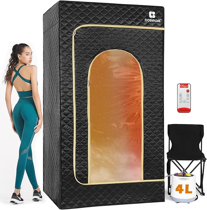 COSVALVE Portable Sauna Box for Home Sauna Steamer with 4L Large Steam Pot, 1600W Fast Heating Full Size Personal Sauna, 16 Levels, Remote Control, Foldable Chair, 2.9' x 2.5' x 5.9'