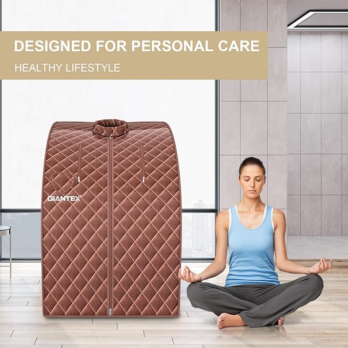 Giantex Portable Steam Sauna, Personal Therapeutic Sauna for Detox, Temperature & Timer Adjustable, 800W Sauna Box Spa w/Chair, 3L Steamer,Massage Roller,Mat,Remote Control, Home Sauna Tent (Coffee)