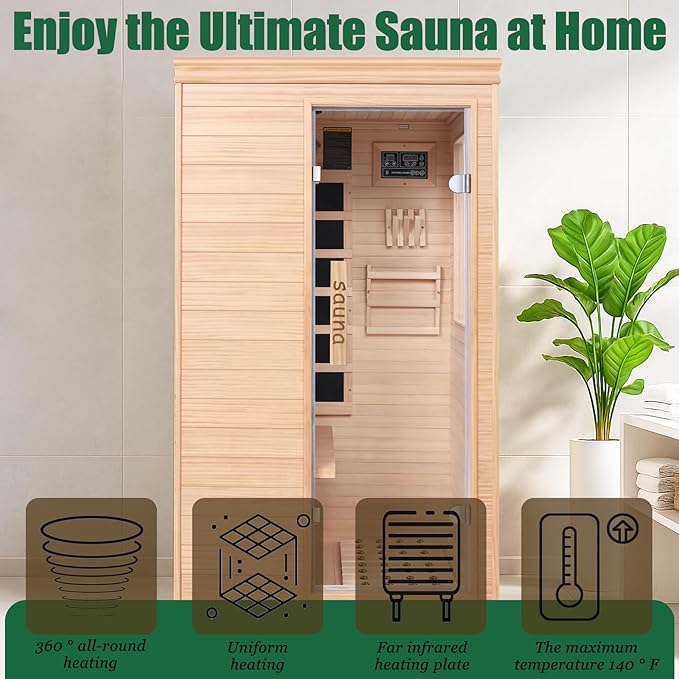 Far Infrared Sauna for 1 Person - 1050W Fast Heating, Canadian Hemlock Wood Home Sauna with Bluetooth Speaker, Chromotherapy & Oxygen Ionizer Easy Assembly Indoor Sauna for Relaxation, Detox, Home Gym