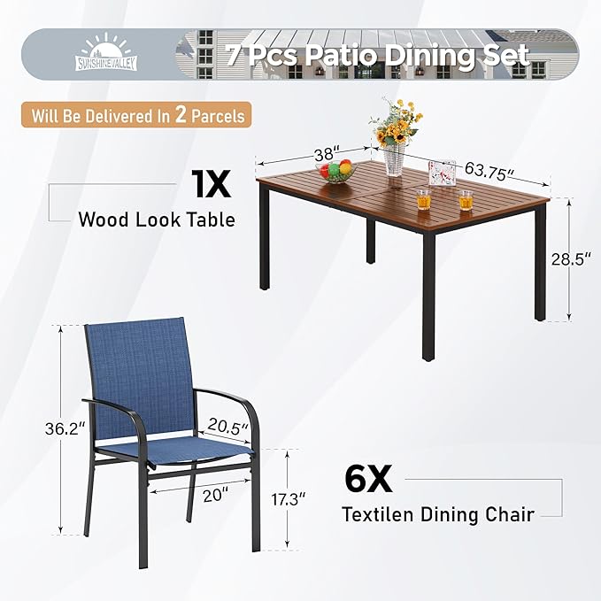 7 Piece Outdoor Dining Set, Rectangular Wood-Like Table with Umbrella Hole, Patio Dining Set for Outdoor Kitchen Lawn Garden,Backyard,Deck