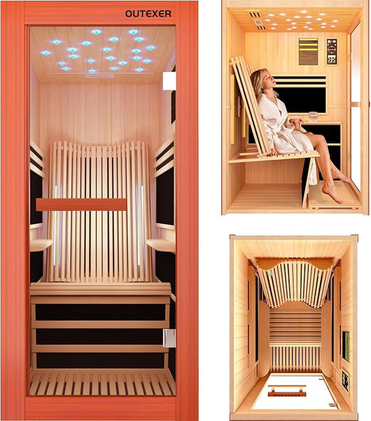 Infrared Sauna 1495W Wooden Saunas Spa Room Pacific Clear Cedar Wood Single Person Indoor Saunas with Special Shaped Comfortable Backrest 32.68 * 47.24 * 69.29 Inch