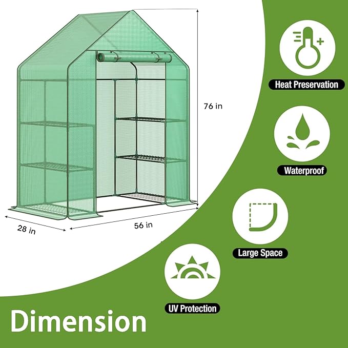 Greenhouse, 56 x 28 x 76'' Heavy Duty Greenhouses for Outdoors, Green House with Roll-Up Door Thicken PE Cover, Portable Walk-in Green Houses for Outside with 3 Tier 4 Shelves