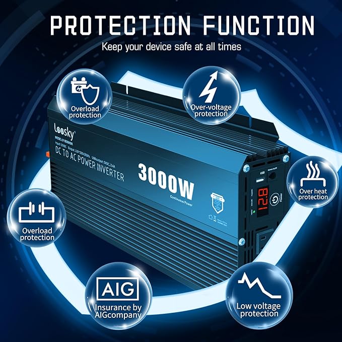 3000 Watt Power Inverter 3000W 12V DC to 110V 120V AC Inverter for Car Outdoor Solar Power Home RV Truck Compatible with Lithium Battery UL Fuses AC Terminal Block 40A USB Port Remote Control LEESKY