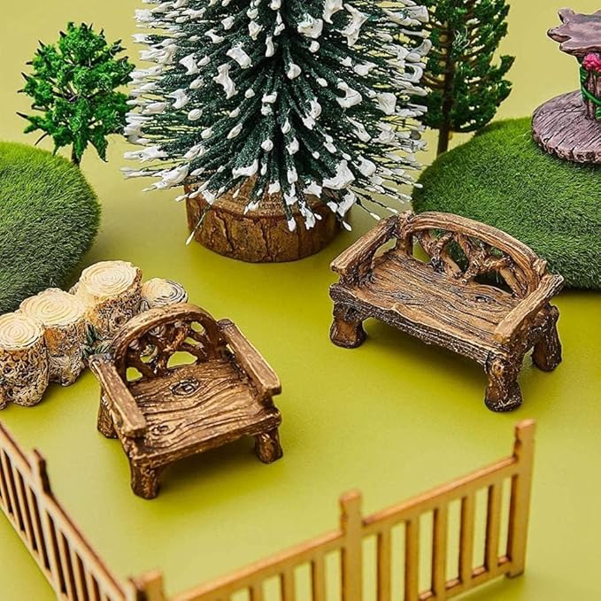 Brown Fairy Garden Furniture Ornaments Miniature Resin Chair Bench Doll House Decor Home Garden Miniatures Resin Micro Landscape Decoration Bench Furniture