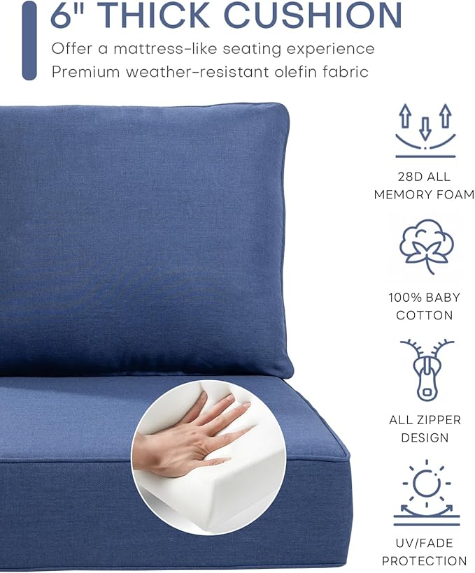 Luxury 24x24x6 Inch Patio Sofa Cushions Set of 3 - Memory Foam Deep Seat Water-Resistant Patio Cushion for Lawn Dining Rocking Swivel Chairs Loveseat 3-Seater Sectional Couch - Navy Blue