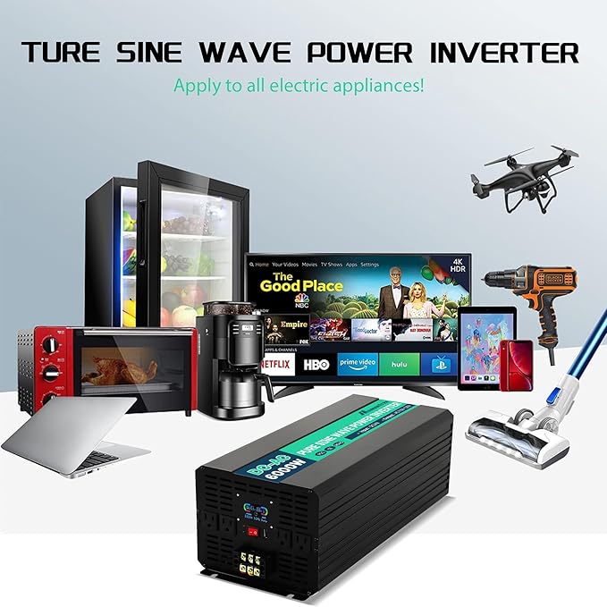 6000W 24V Pure Sine Wave Inverter 24V DC to 110V AC with Wireless Remote LCD Display 4 AC Outlets, 1 USB and Terminal Blocks for RV Truck Cabin Off Grid