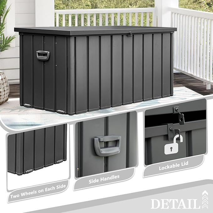 Domi 100-Gallon Outdoor Storage Box – Waterproof, Lockable Storage Cabinet for Patio Furniture, Garden Tools & Pool Supplies – Large Metal Storage for Cushions, Toys & More