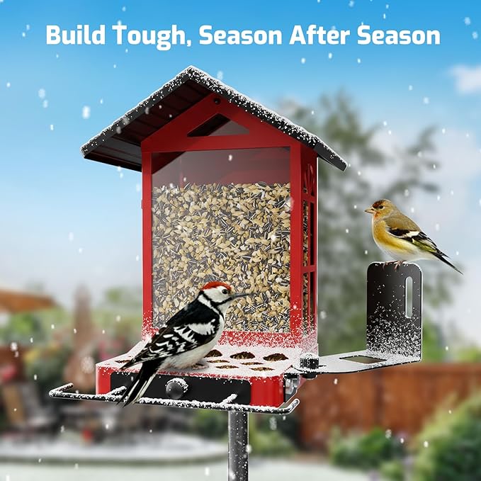 All-Metal Bird Feeder, Wall & Pole Mountable, 2.4L Large Capacity, Heavy-Duty Chew-Proof & Weather-Resistant Design, Easy to Clean & Fill, Attracts Wild Birds for Backyard & Garden