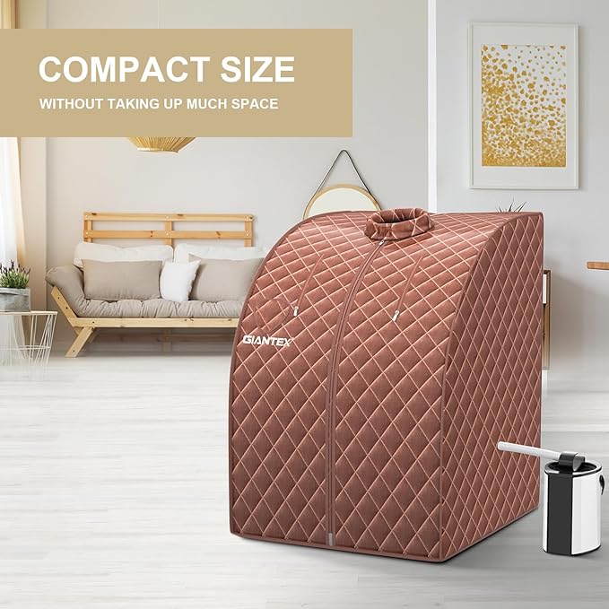 Giantex Portable Steam Sauna, Personal Therapeutic Sauna for Detox, Temperature & Timer Adjustable, 800W Sauna Box Spa w/Chair, 3L Steamer,Massage Roller,Mat,Remote Control, Home Sauna Tent (Coffee)