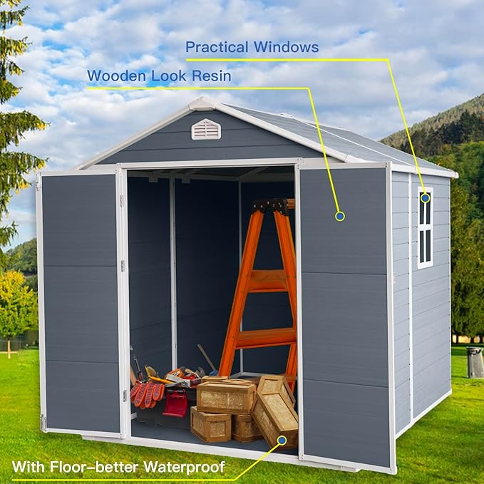 JT 6×8ft Resin Outdoor Storage Shed,Outdoor Storage Shed with Floor & Window to Store Patio Furniture, Garden Tools Bike Accessories, Beach Chairs and Lawn Mower. (6ft×8ft)
