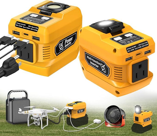 220W Power Inverter for Dewalt 20V Battery, DC 20V to AC 110V Portable Power Station Generator with 1 AC Outlet, 2 USB Ports & 1 Type-C Fast Charging, 400LM LED Work Light (2-Pack)