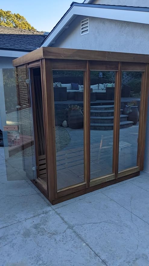 Outdoor Corner Steam Sauna for 2-4 Person, Canadian Red Cedar, 6KW ETL Harvia Heater, Modern Sauna Box with Waterproof Asphalt Tiles, Left Door, 220V (0-195℉)