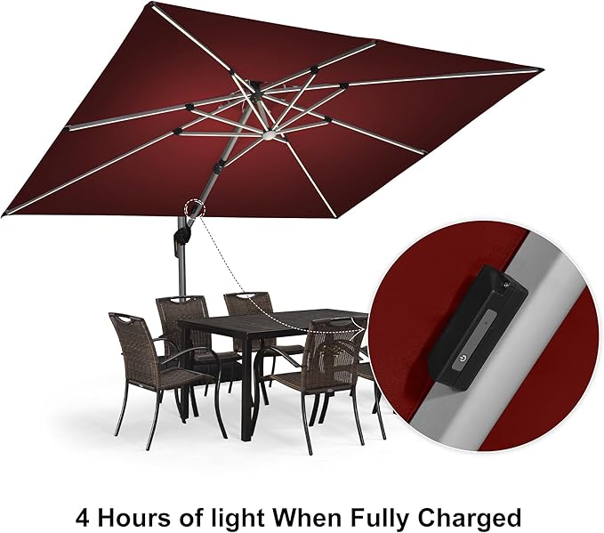 PURPLE LEAF 9' X 12' Solar Powered LED Square Cantilever Umbrella With Base Patio Umbrellas Windproof Hanging Umbrella Outdoor Umbrellas, Terra