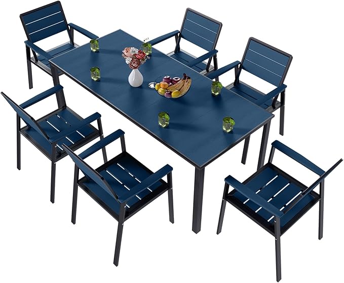 7-Piece Patio Dining Set with 11 FT Curvy Cantilever Umbrella, HDPE Tabletop & Aluminum Frame All-Weather Outdoor Furniture for Garden, Backyard, Poolside, Navy