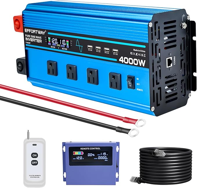 4000w Pure sine Wave Inverter DC 12V to AC 110V/120V Converter, 8000w (Peak) with LCD Display, Wireless/Wired Remote Control, 4AC outlets and 4USB.Ideal for Camping, RV Travel, Off-Grid Solar Systems