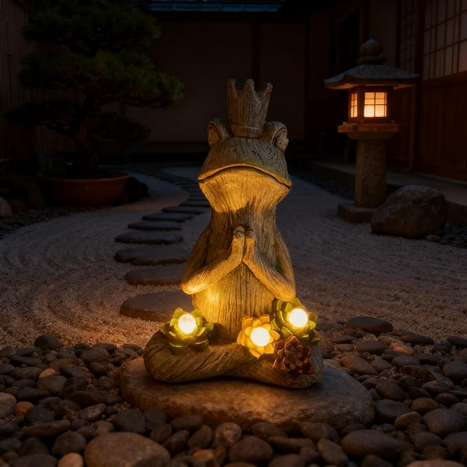 Large Garden Statue Yoga Frog Sustainable Eco-Friendly Solar Lights with LED Sustainability Sculpture Courtyard Balcony Home Decoration（12" Tall