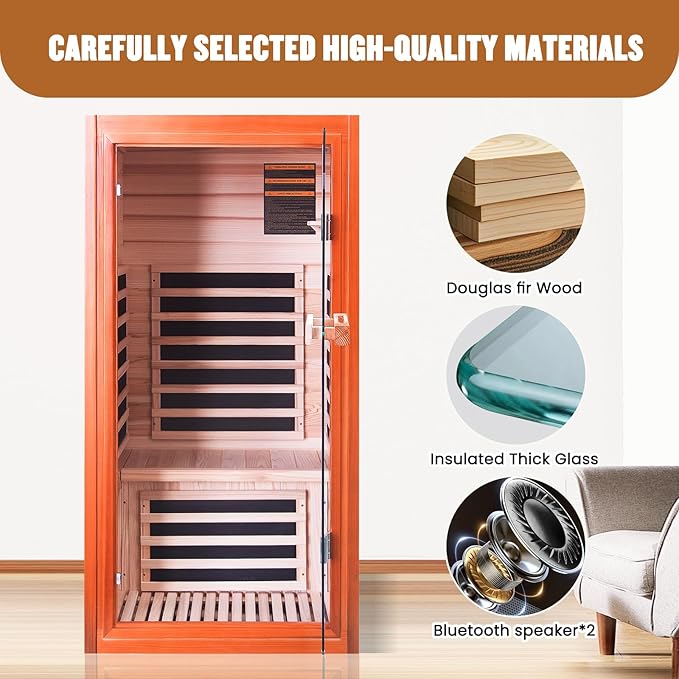 Sauna, Far Infrared Saunas for Home 1 Person Wooden Sauna 1065W/120V Low Emf Dry Sauna Indoor Sauna Room with Tempered Glass Door/Speakers/Air Hole and Colored Lighting - 31.5 * 31.5 * 63 in