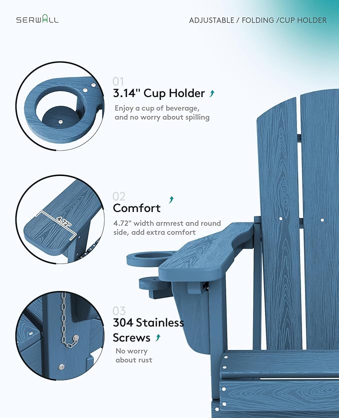 SERWALL Folding Adirondack Chair Set with 9 Ft Umbrella, Adjustable HDPE Adirondack Chair with 3 Recline Positions, Blue (Umbrella Base is not Included)
