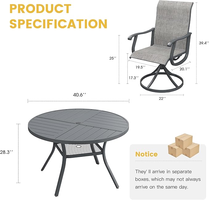 VICLLAX 5 Pieces Patio Dining Set for 4, Outdoor Furniture Set Includes 40.6" Square Outdoor Table and 4 Patio Swivel Chairs for Lawn Garden, Grey Tabletop and Grey Fabric