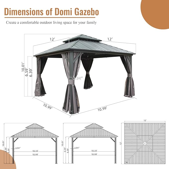 Domi 12' x 12' Hardtop Gazebo Permanent Aluminum Metal Gazebo with Galvanized Steel Double Roof Canopy, Curtains, and Netting for Patio, Backyard, Deck, Lawn