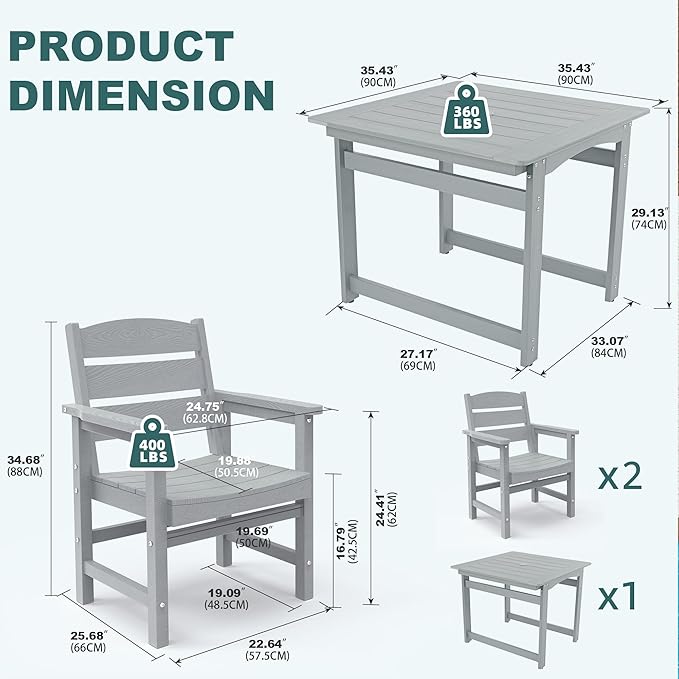 3-Piece HIPS Patio Dining Set, Outdoor Dining Table and Chairs Set with Umbrella Hole, Weatherproof Dining Table Set for 2 Person, Patio Furniture Set for Outside Deck, Grey