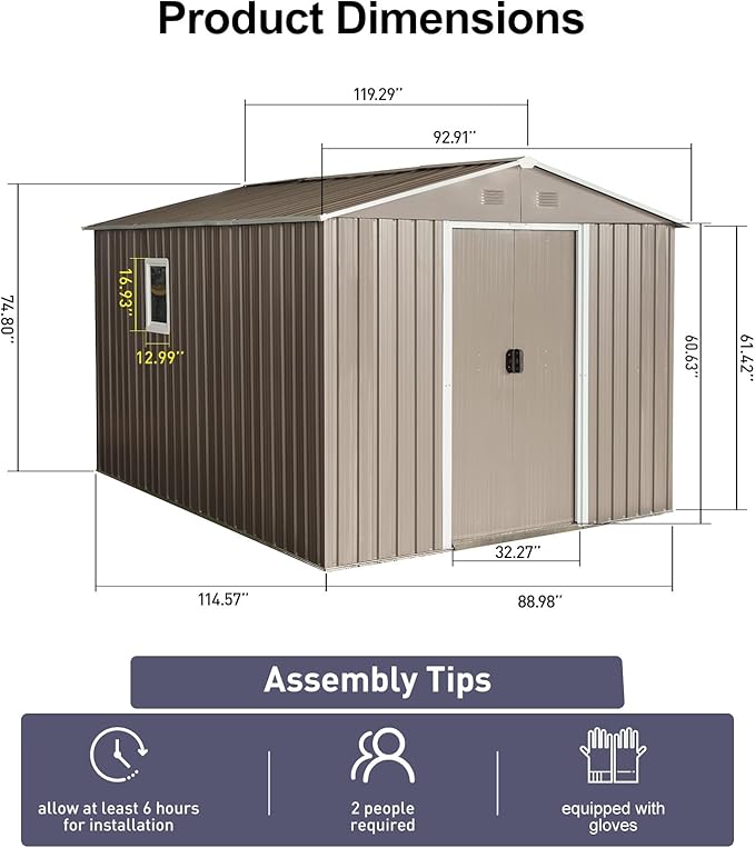 8x10 FT Outdoor Storage Shed, Metal Garden Shed with Frame Floor, Outside Tool Shed with Window, Waterproof Storage Building with Lockable Sliding Doors & Sloped Roof for Backyard, Patio, Warm Gray