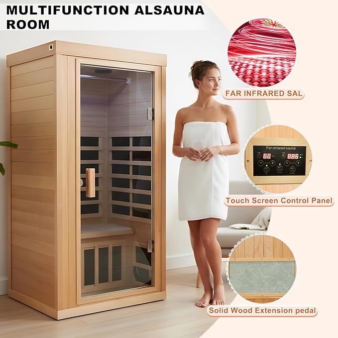 Far Infrared Sauna 1 Person, Infrared Sauna for Home, Low EMF 1350W/120V Infrared Indoor Saunas with Smart Display & Bluetooth Speaker, Extendable Clothes Rail, 32.28"x32.28"x66.92"