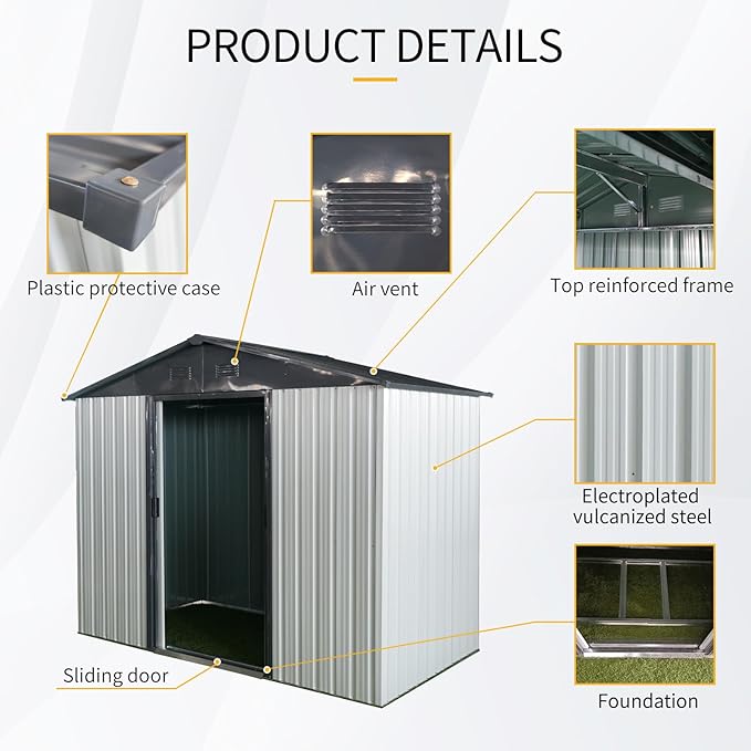 8ft 4ft Outdoor Metal Storage Shed with Sliding Door & Foundation – Durable, Weather -, Lockable for, Tools & Equipment (White + Black) (1 Doors)