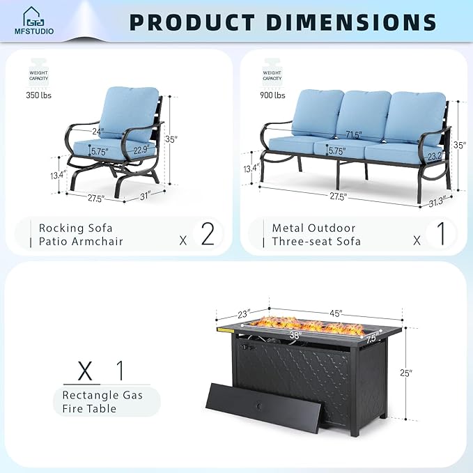 MFSTUDIO 4 Pieces Patio Conversation Sets, All Weather Metal Frame Outdoor Furniture Set Patio Sofas with 1 x 45 Rectangular Propane Fire Table, 1 x 3-Seat Sofa, 2 x Rocking Chairs, Blue Cushion