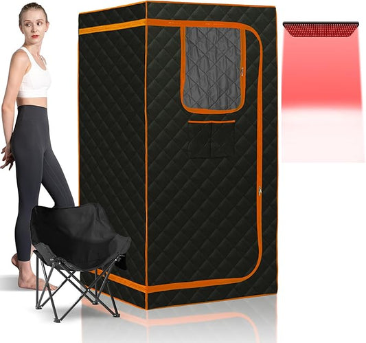 Smartmak Portable Infrared Sauna,1 Person Infrared Sauna Box with 660nm Red Light Therapy, Full Size Sauna Tent for Home, Foot Heating Pad, Folding Chair (Orange-1Person)