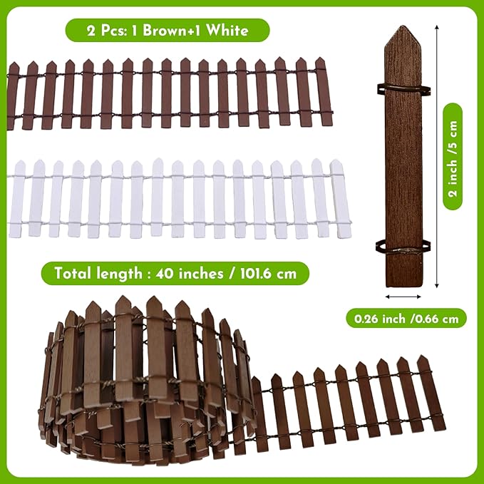Miniature Fairy Garden Fence,2 Pcs DIY Brown and White Fence with Gate,Fairy Garden Accessories Miniature Ornaments for Dollhouse Home Plant Pot